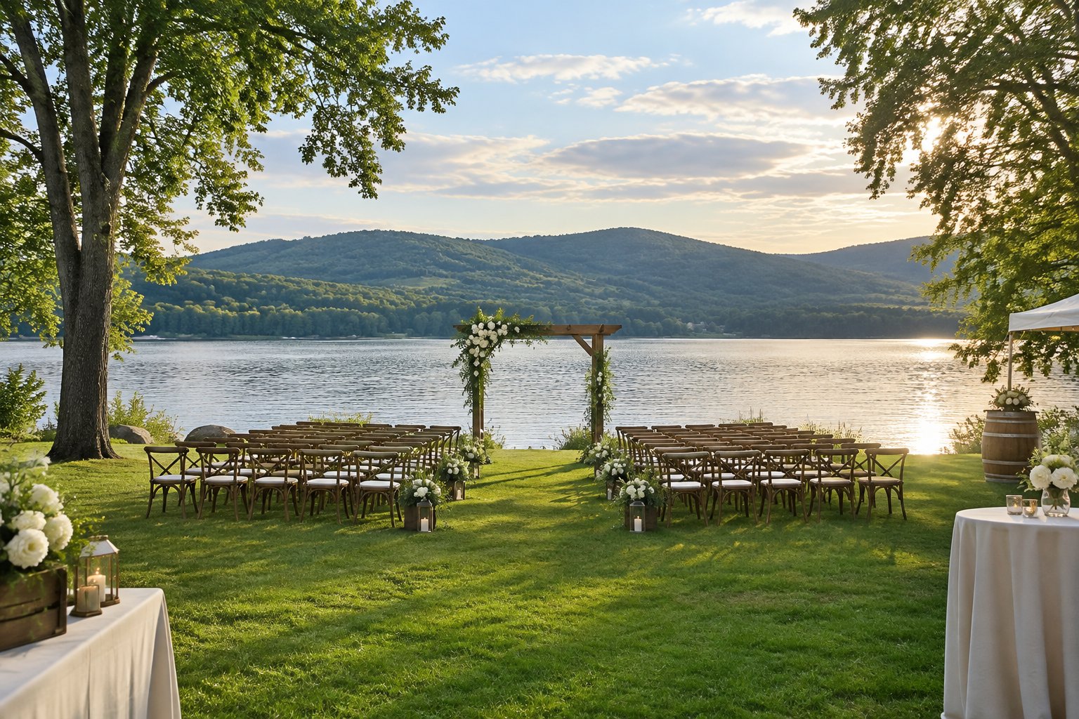A wedding ceremony setup on a grassy lakeshore with hills across the water.