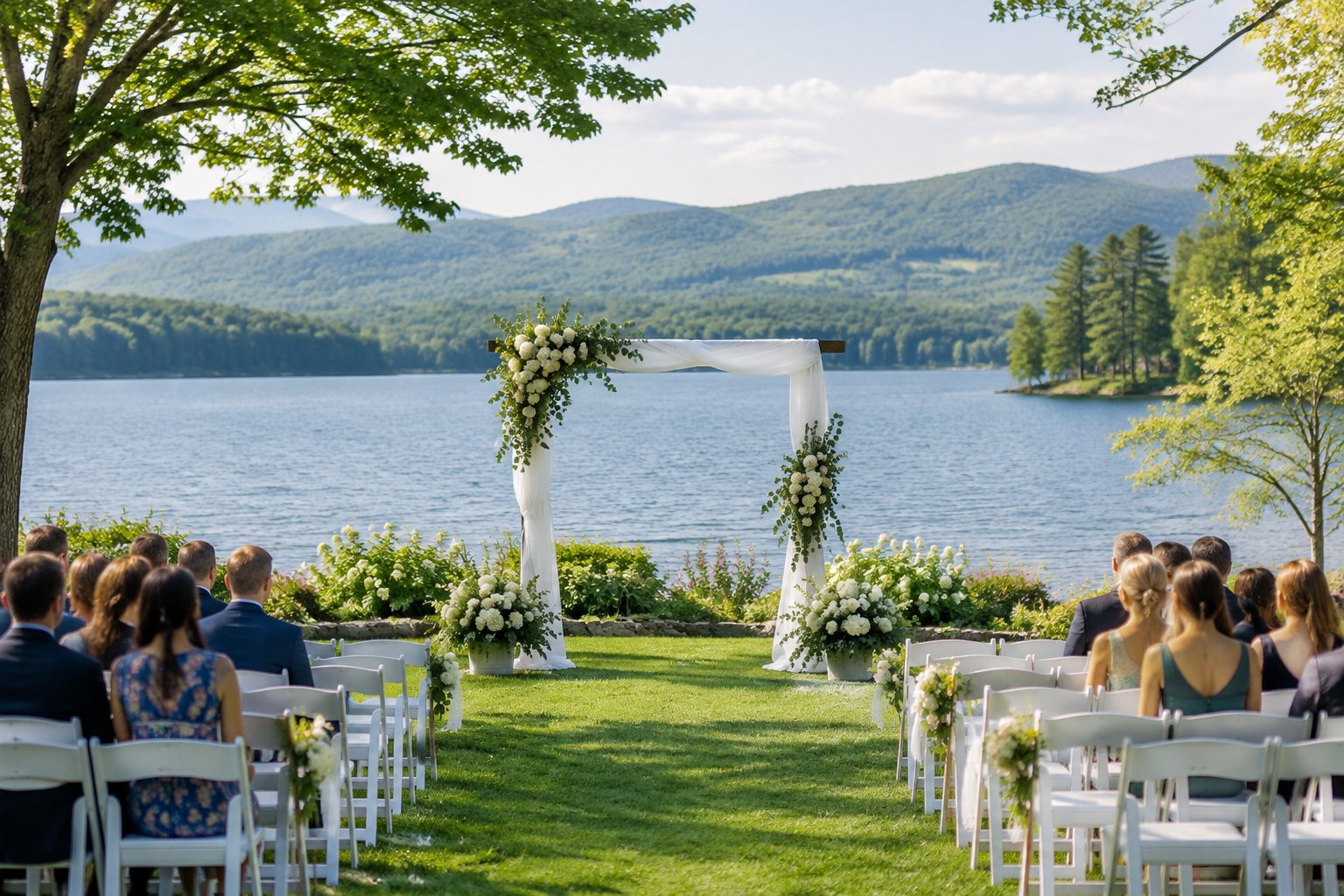 An outdoor wedding ceremony set on a lawn beside a lake.
