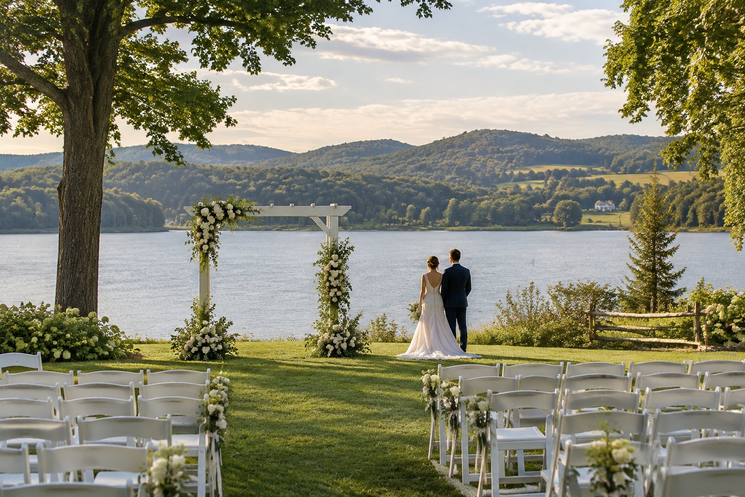 A wedding ceremony setup on a grassy lakeshore with a couple facing the water.