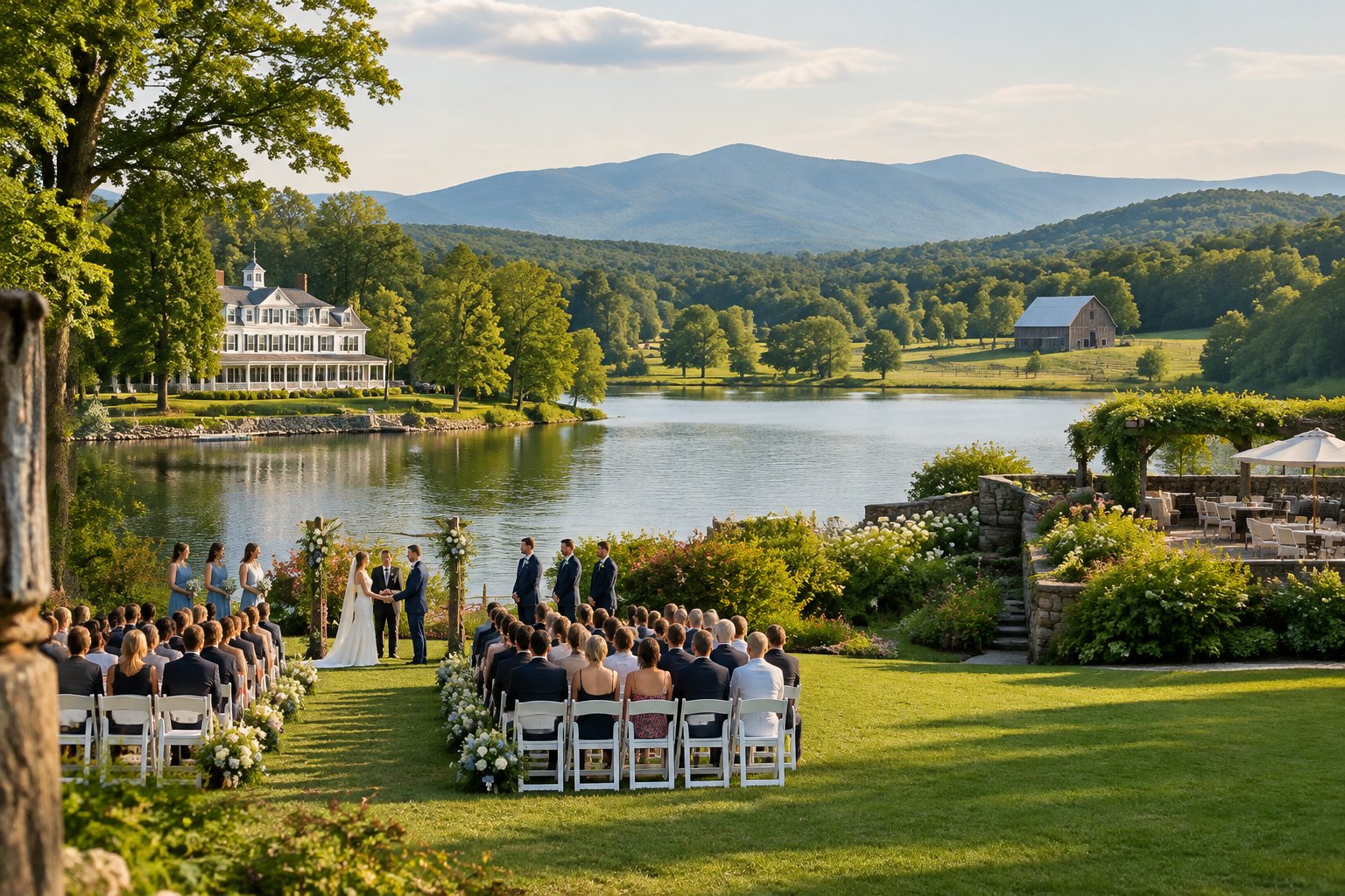 A lakeside wedding ceremony near a historic inn, with nearby venue settings in the distance.
