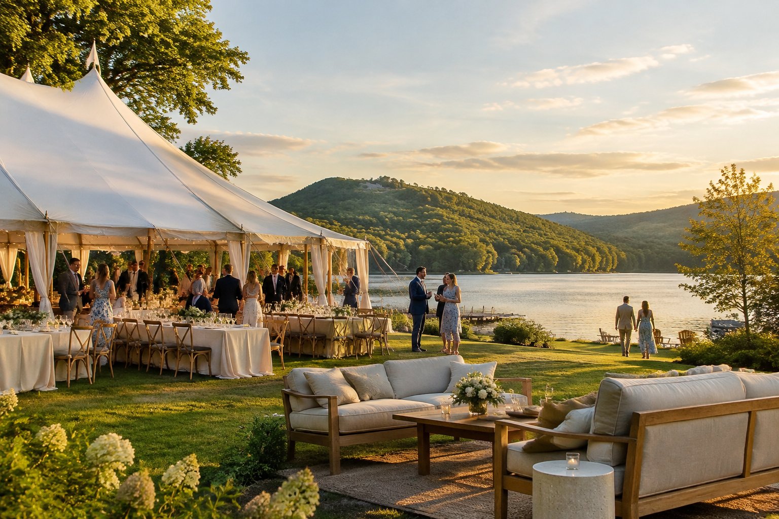 Guests gather for a wedding reception beside a lake, with a tent and wooded hills in the background.