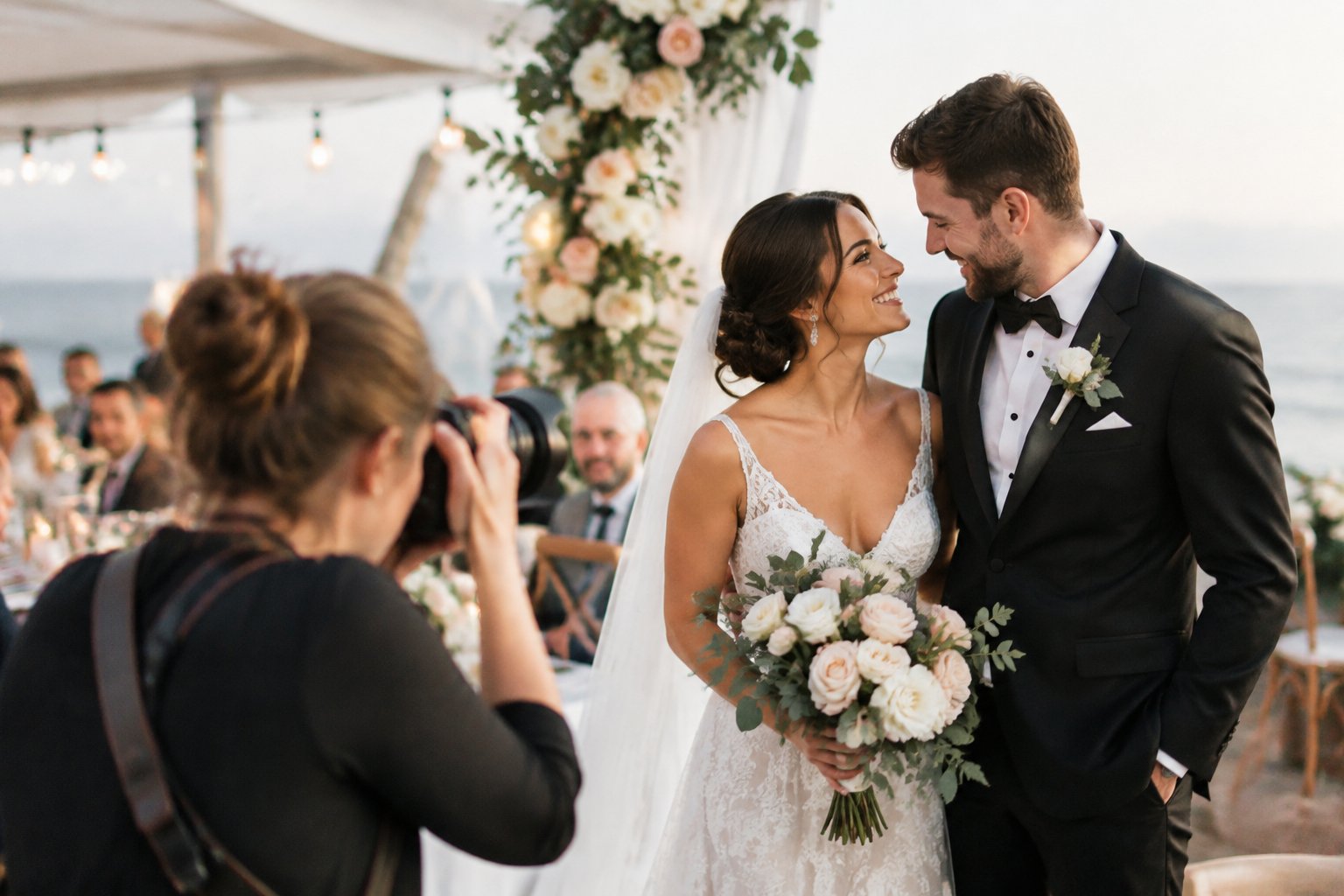 A wedding photographer captures a joyful moment between a newly married couple.