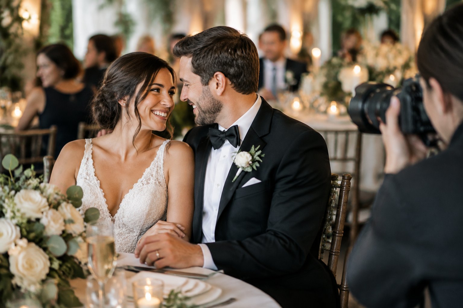 A wedding photographer captures a newly married couple sharing a joyful moment at their reception.
