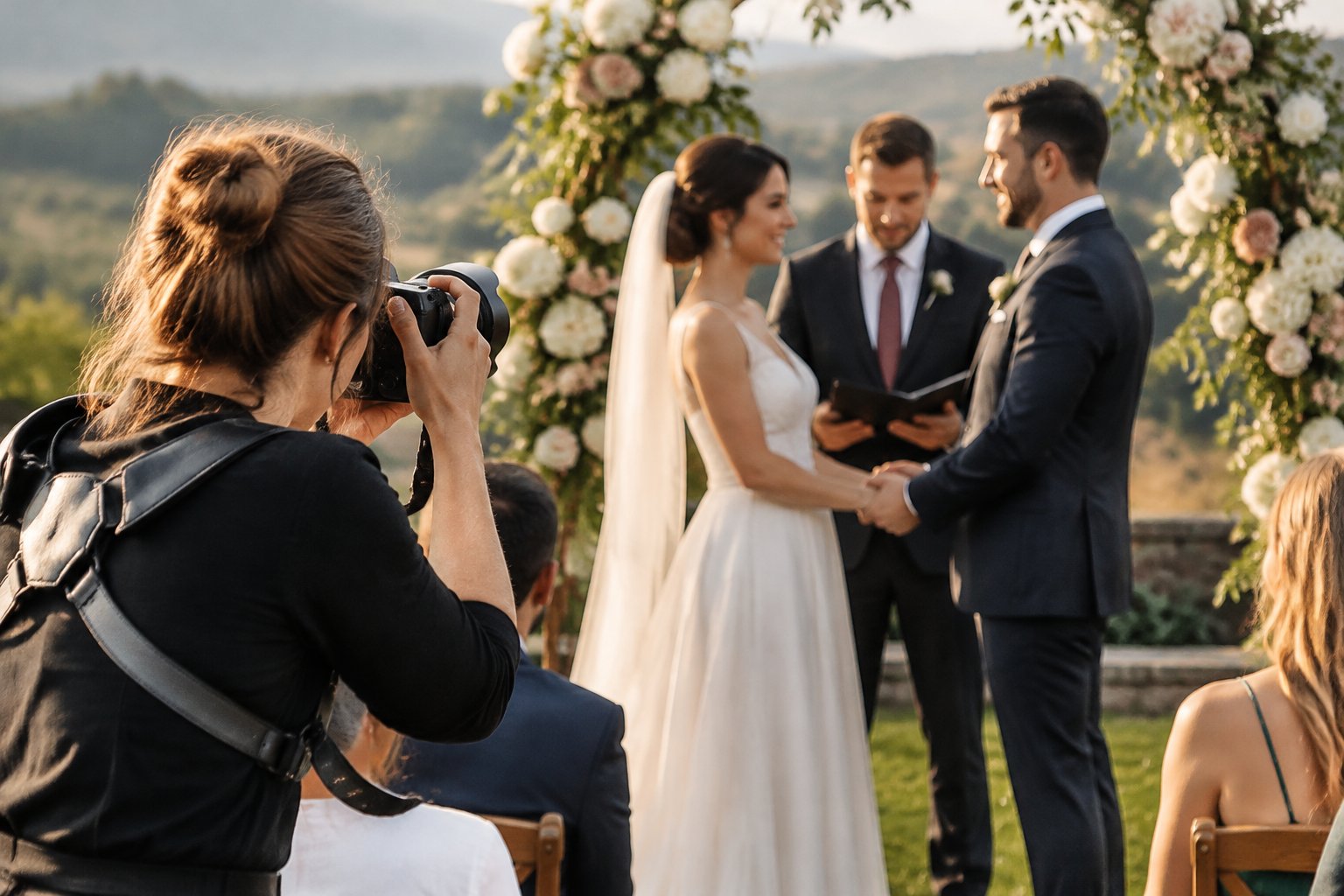 A wedding photographer captures a couple exchanging vows outdoors.