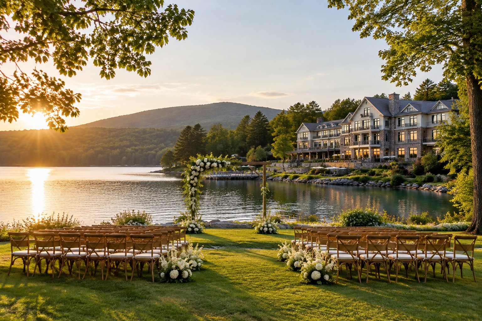 A wedding ceremony setup beside a lake with a nearby inn.