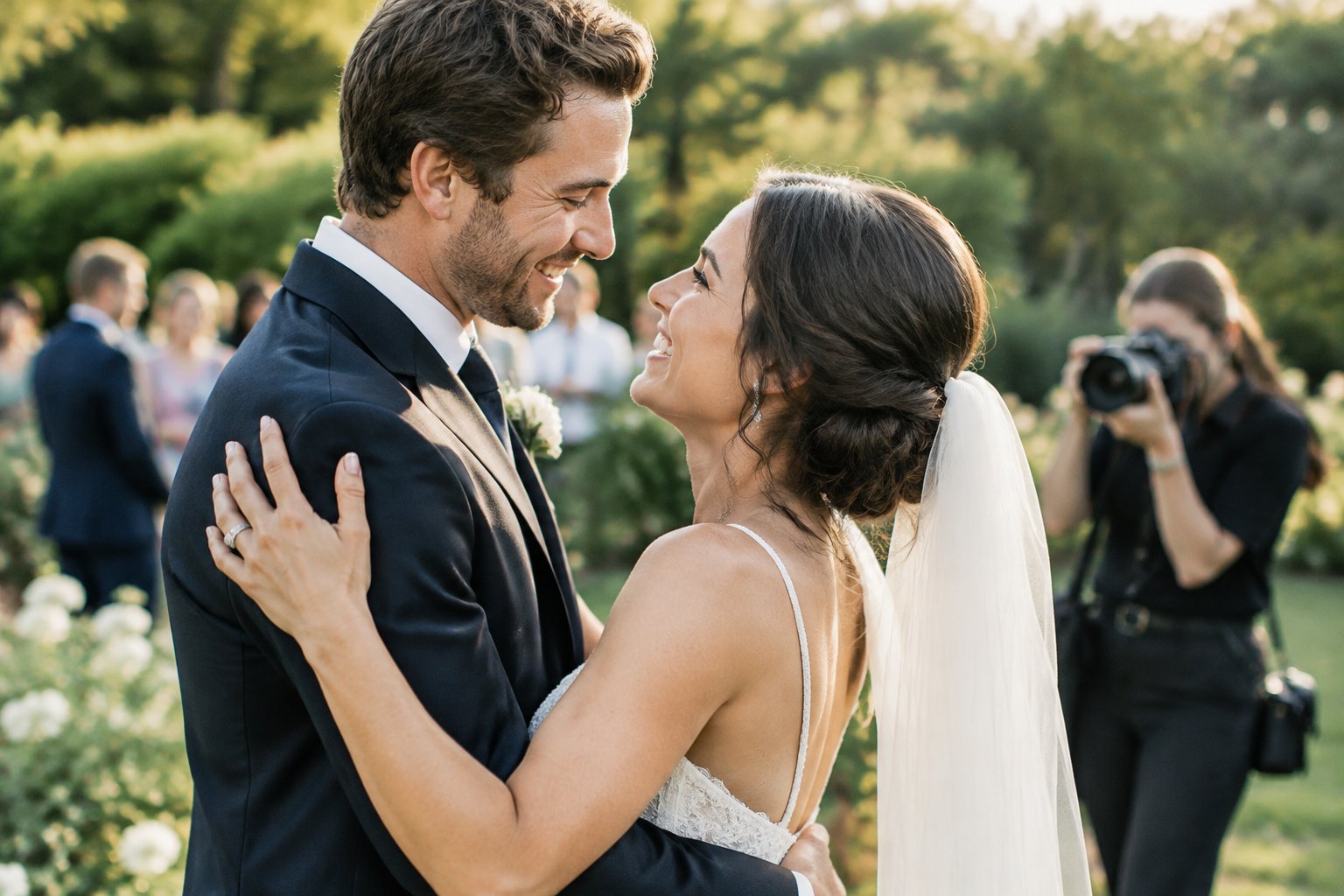 A newly married couple embraces while a photographer captures the moment.