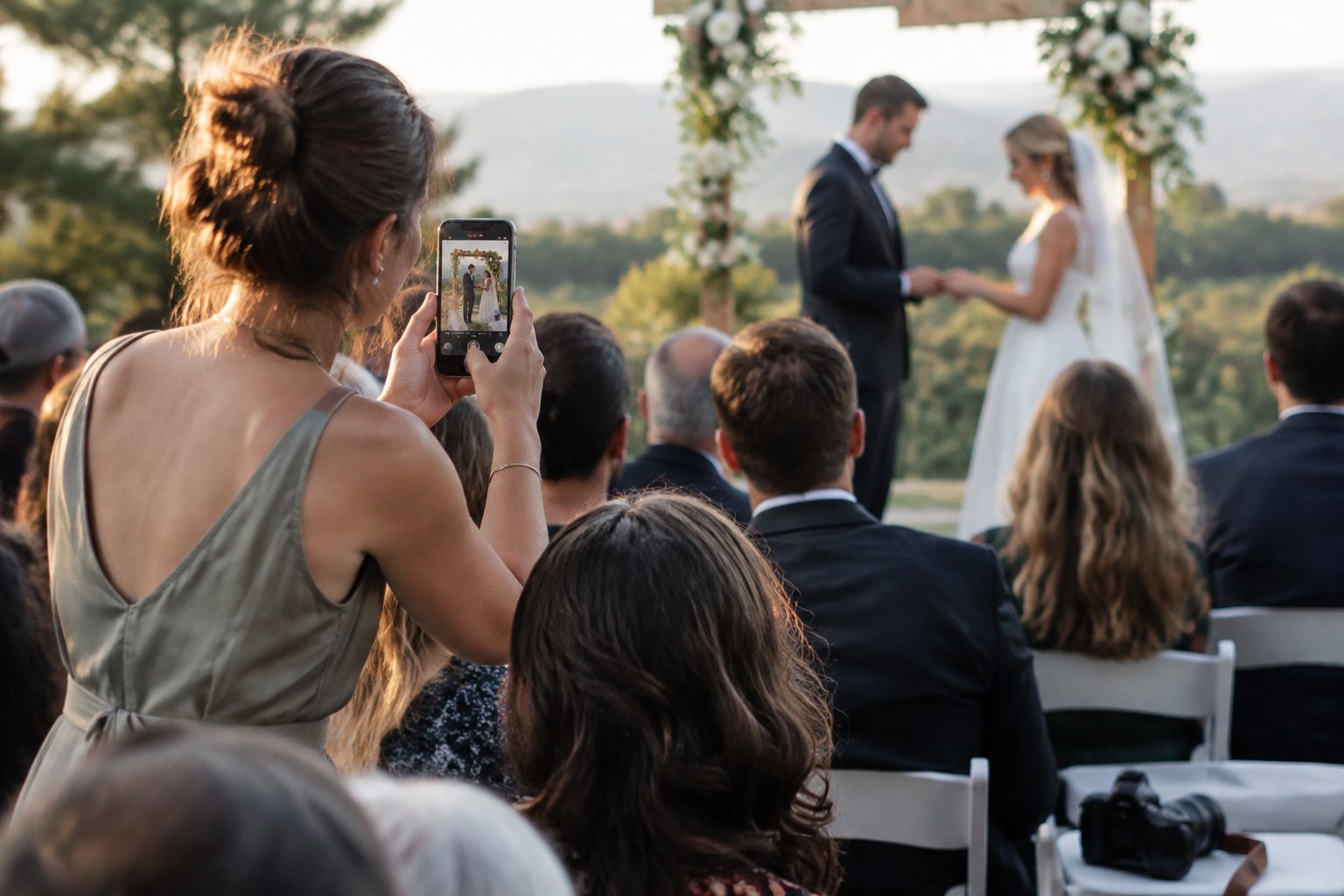 A friend tries to photograph a wedding ceremony with a smartphone as the couple exchange rings.