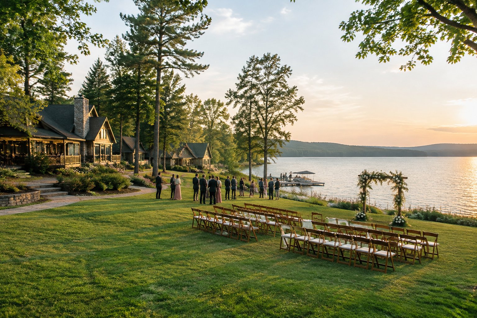 A lakeside wedding ceremony beside a lodge and guest cottages.