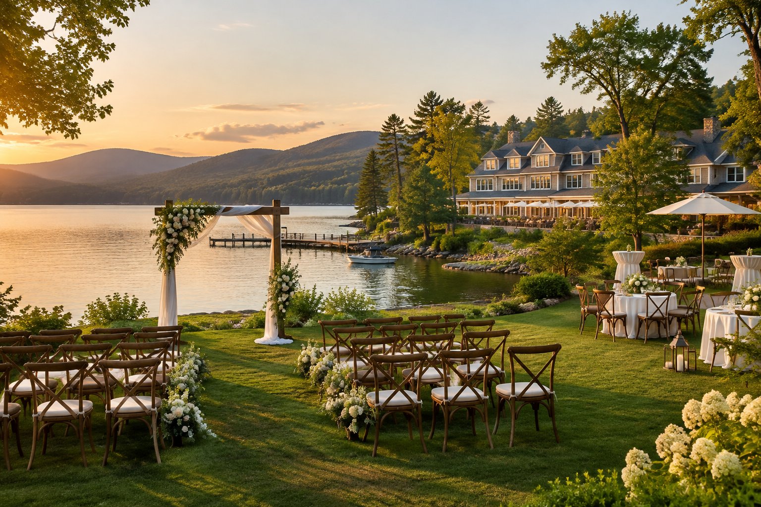 A wedding ceremony lawn beside a lake with a nearby inn.