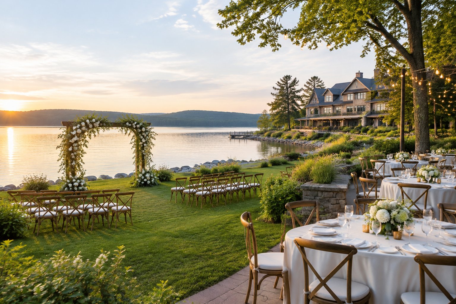 A lakeside wedding ceremony and reception area beside a lodge.