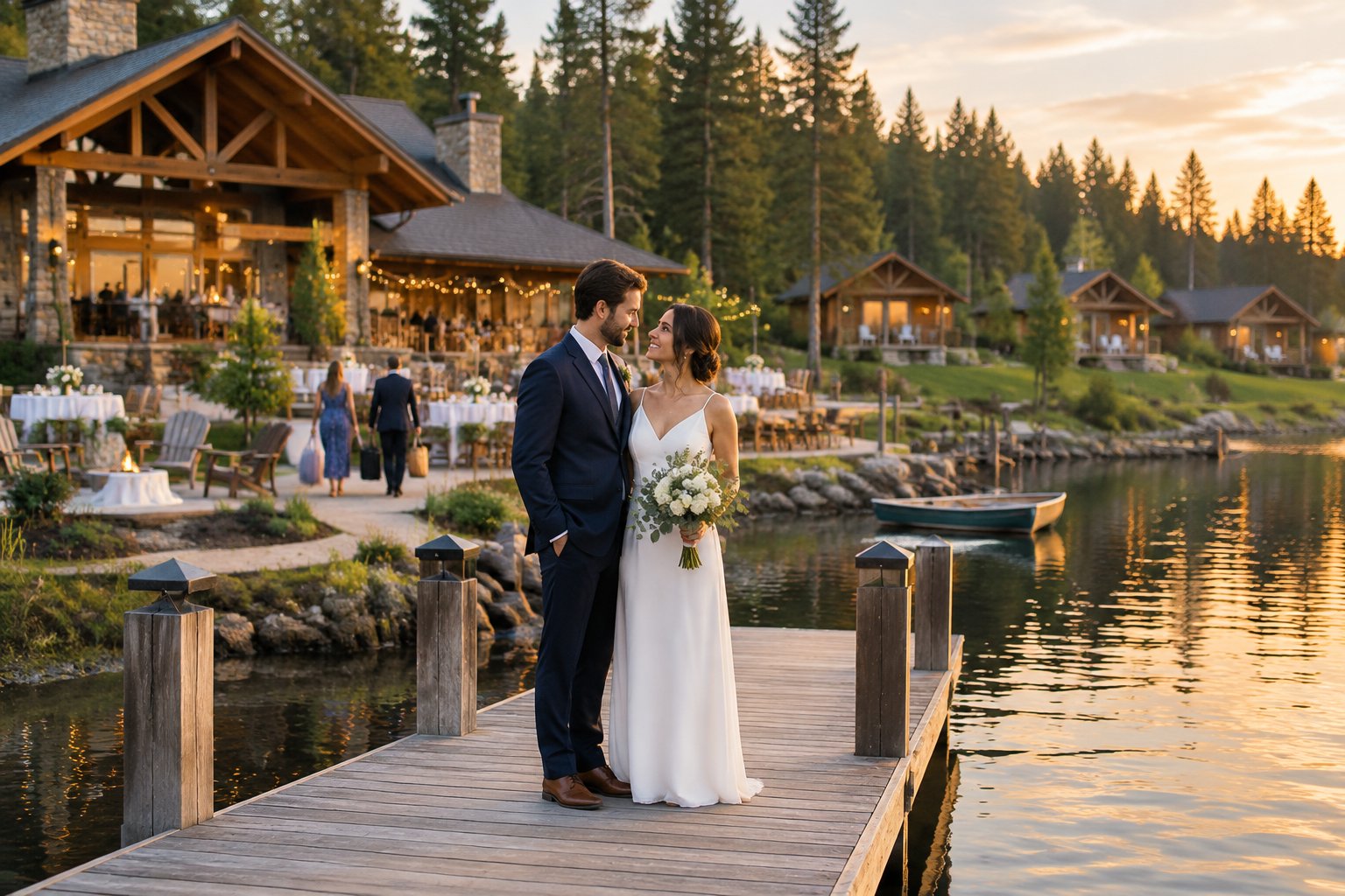 A wedding couple stands on a lakeside dock near a lodge and guest cabins.