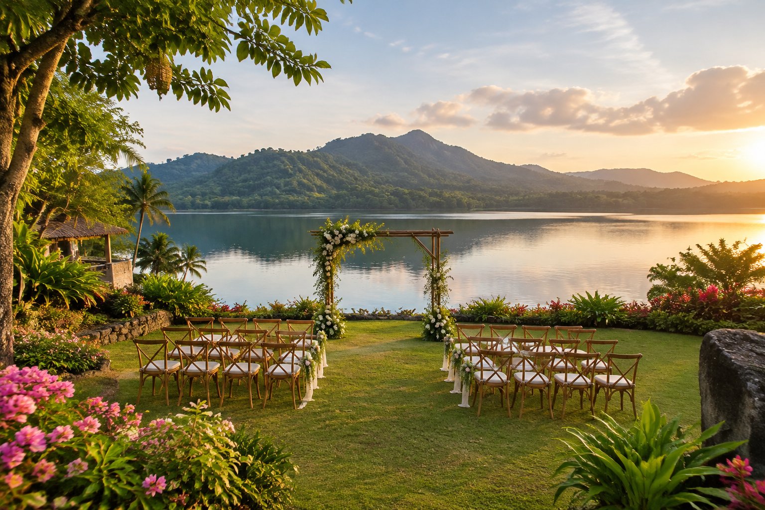 An outdoor wedding ceremony setup beside a lake, surrounded by tropical greenery and distant hills.