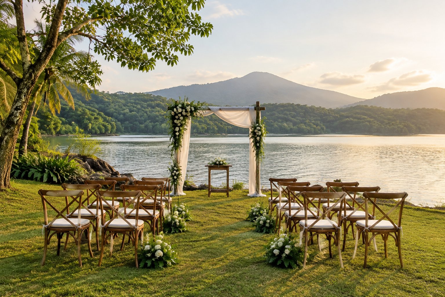 A lakeside wedding ceremony setup with chairs facing a calm lake.
