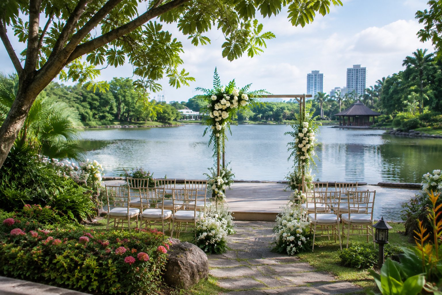 A wedding ceremony setup beside a calm lake in a lush garden.