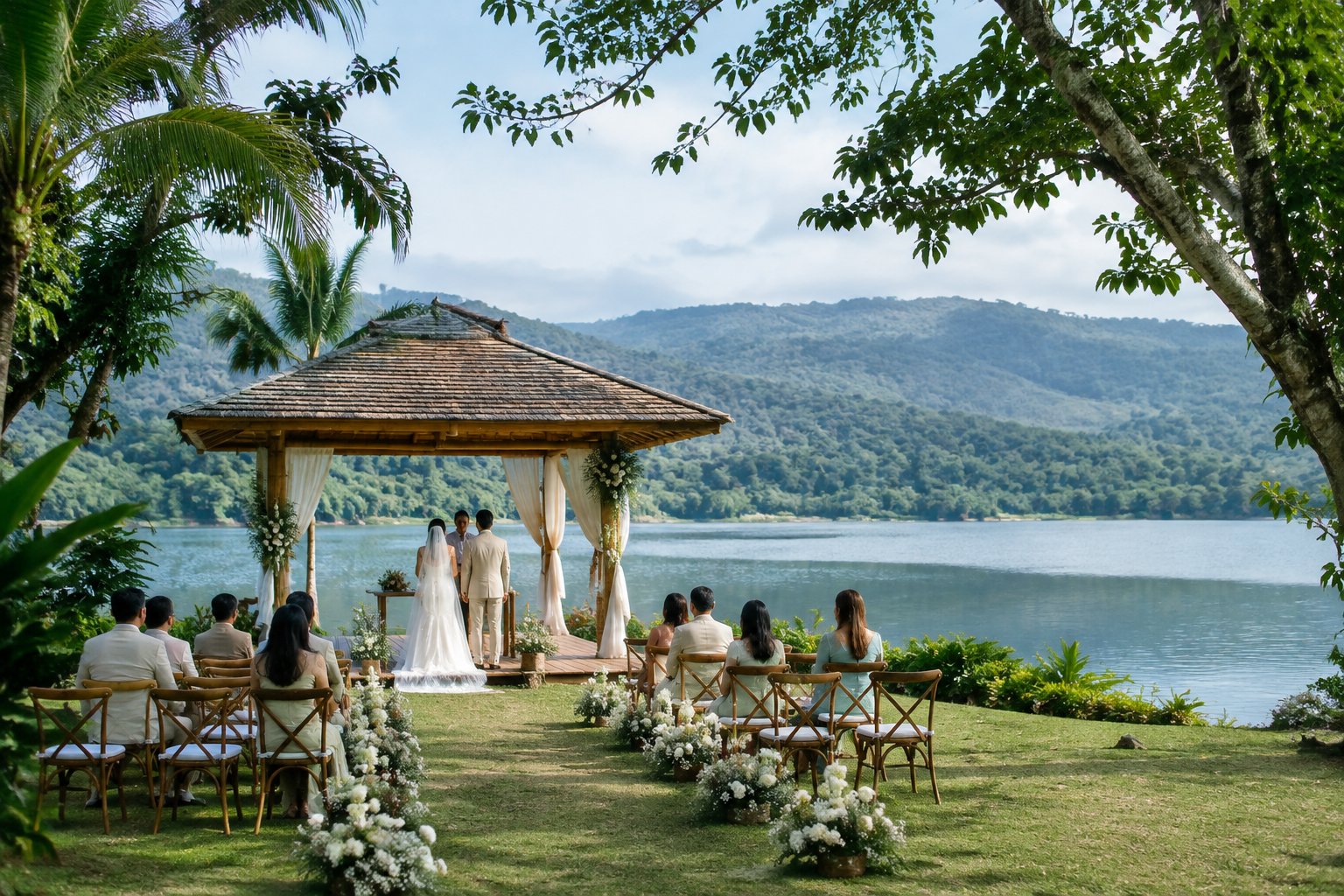 A wedding ceremony beside a lake with guests, flowers, and tropical greenery.
