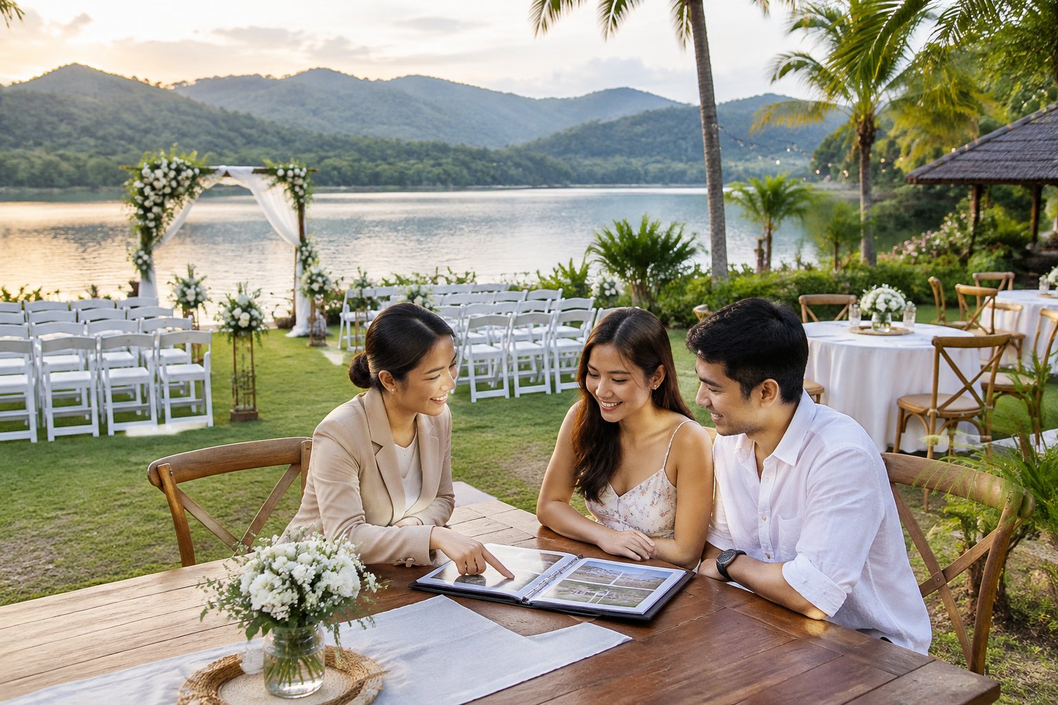 A couple reviews wedding plans with a coordinator at a simple lakeside venue.