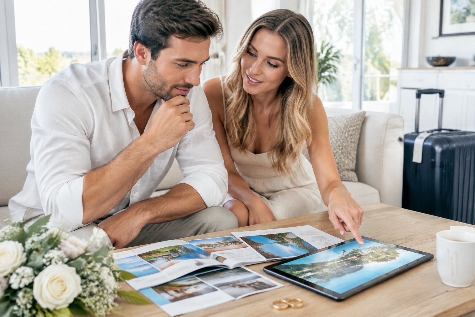 A newlywed couple reviews honeymoon plans together at home.