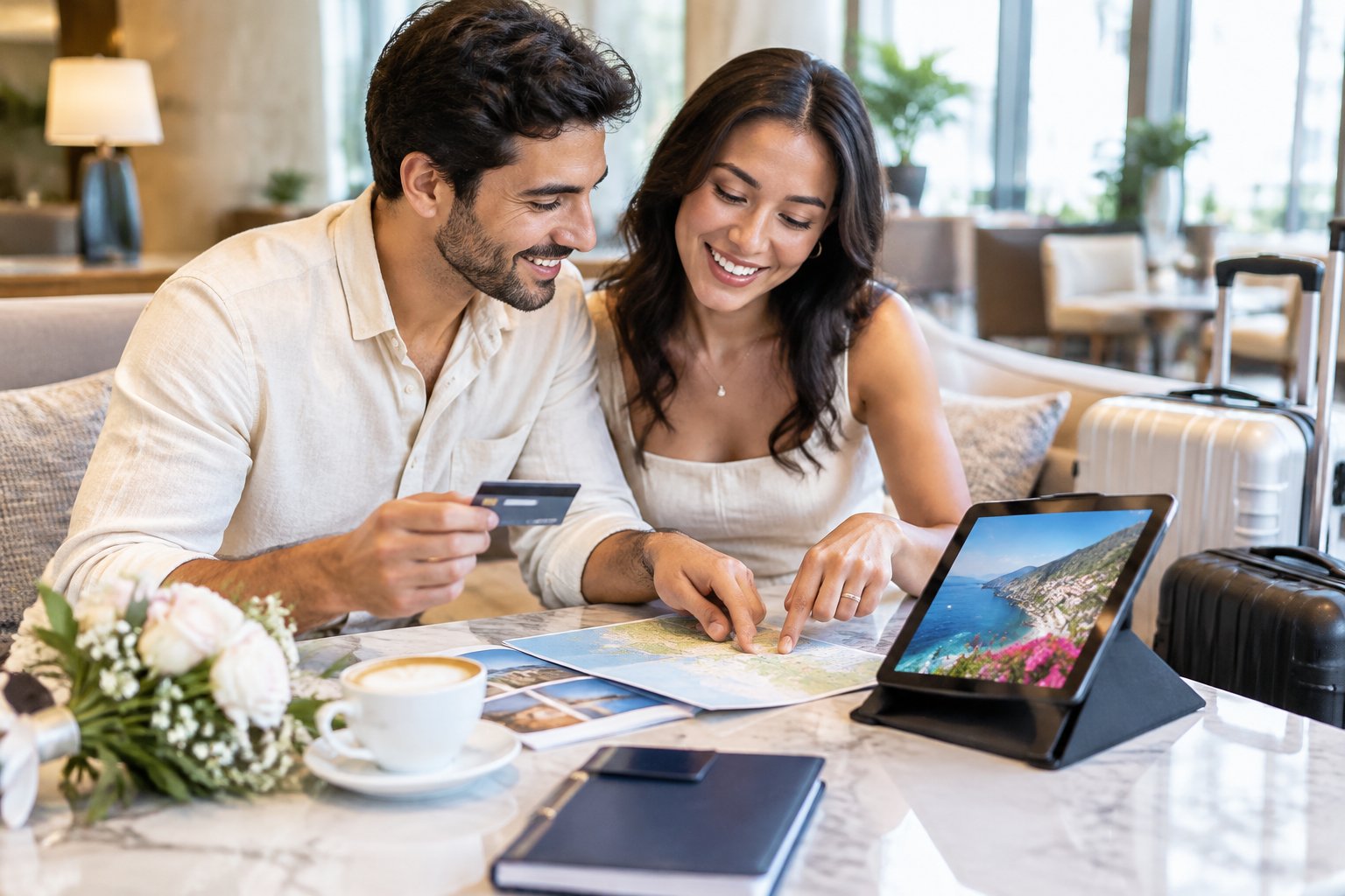 A newlywed couple reviews honeymoon plans together at a café.