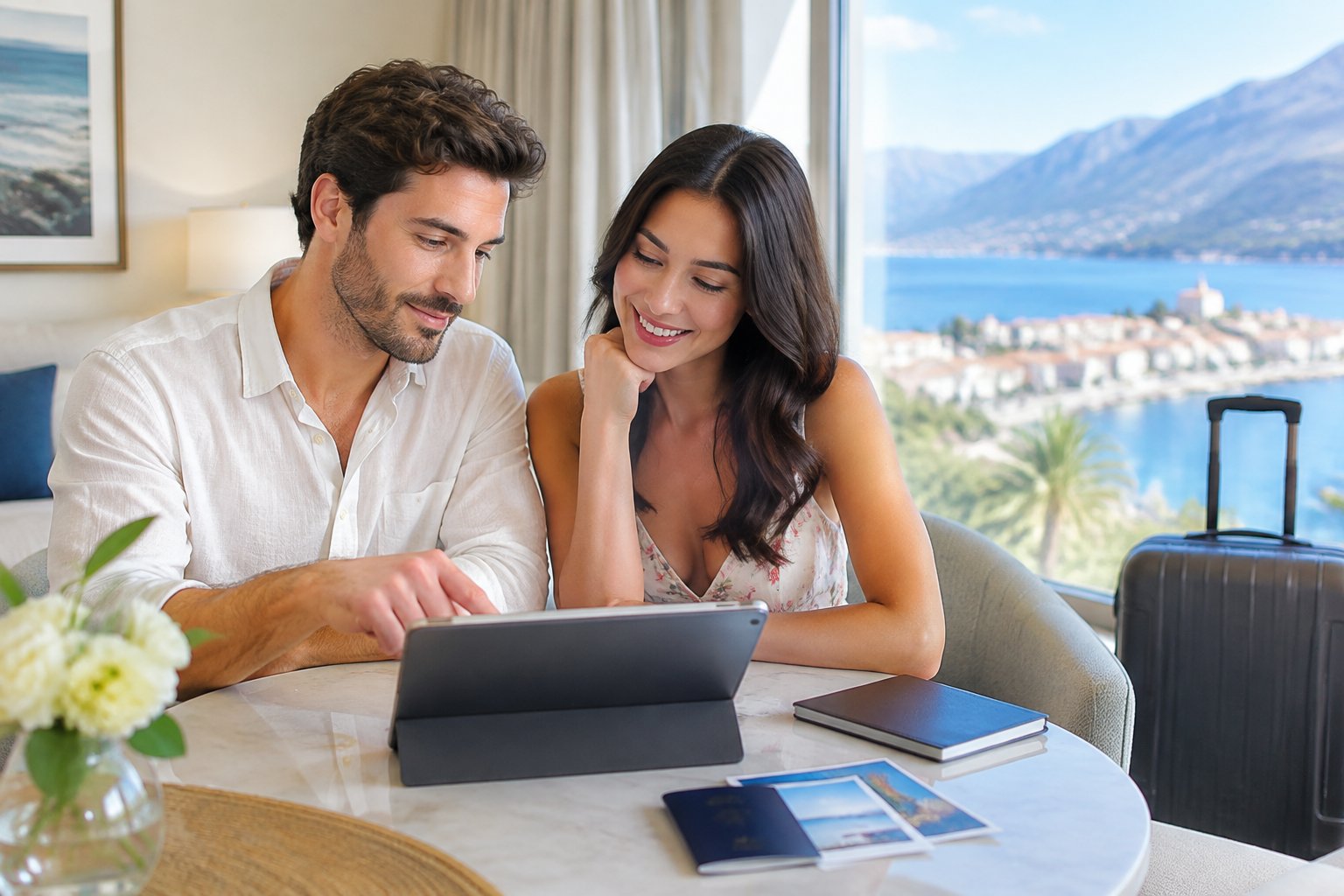 A newlywed couple sits together reviewing honeymoon plans on a tablet.