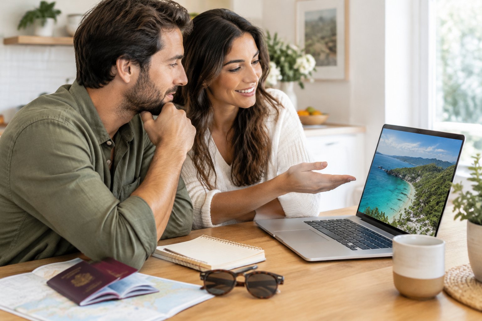 A newly married couple reviews honeymoon travel plans together at a laptop.