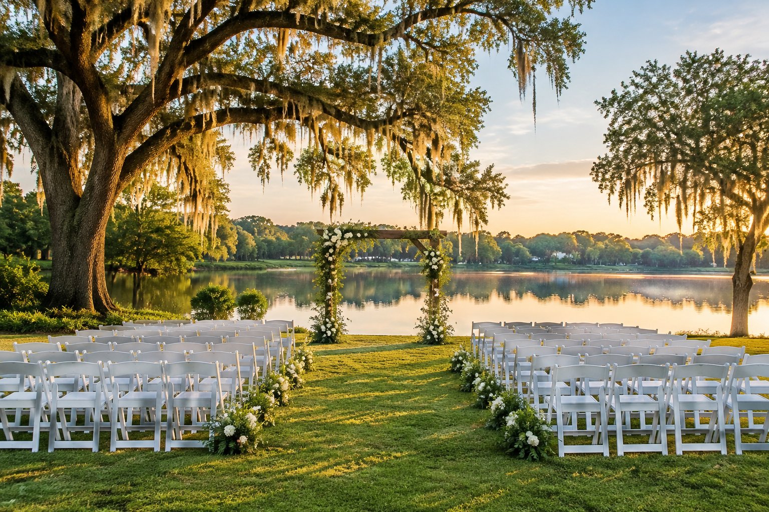 A wedding ceremony setup on a lawn beside a calm lake.