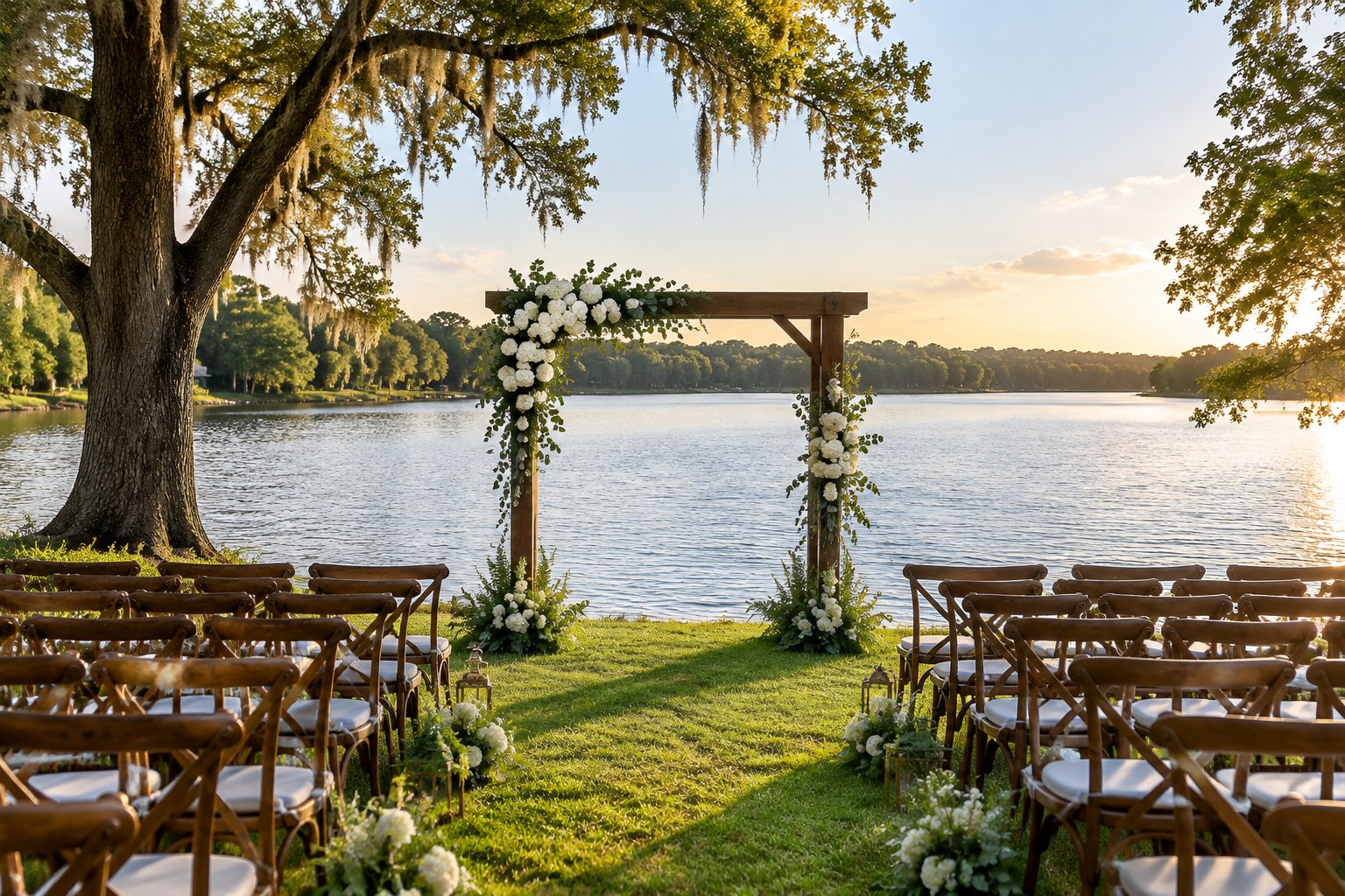 A wedding arbor and chairs arranged on a grassy lakeshore.