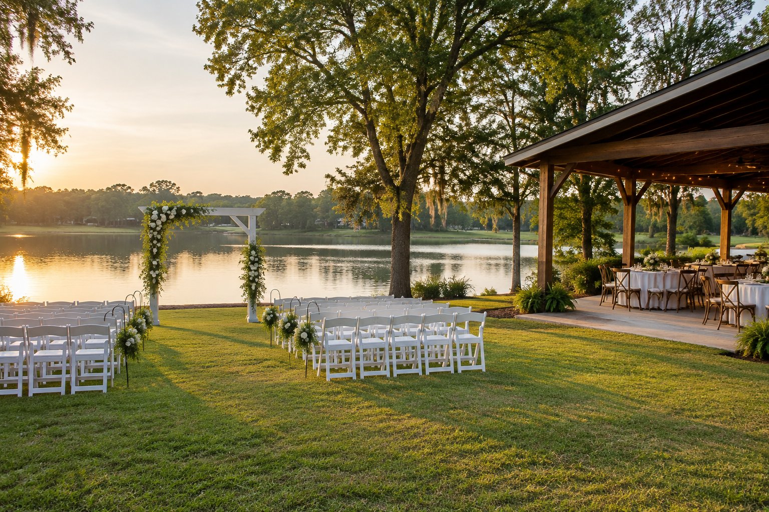 A lakeside wedding ceremony setup with chairs, a flowered arch, and a pavilion.