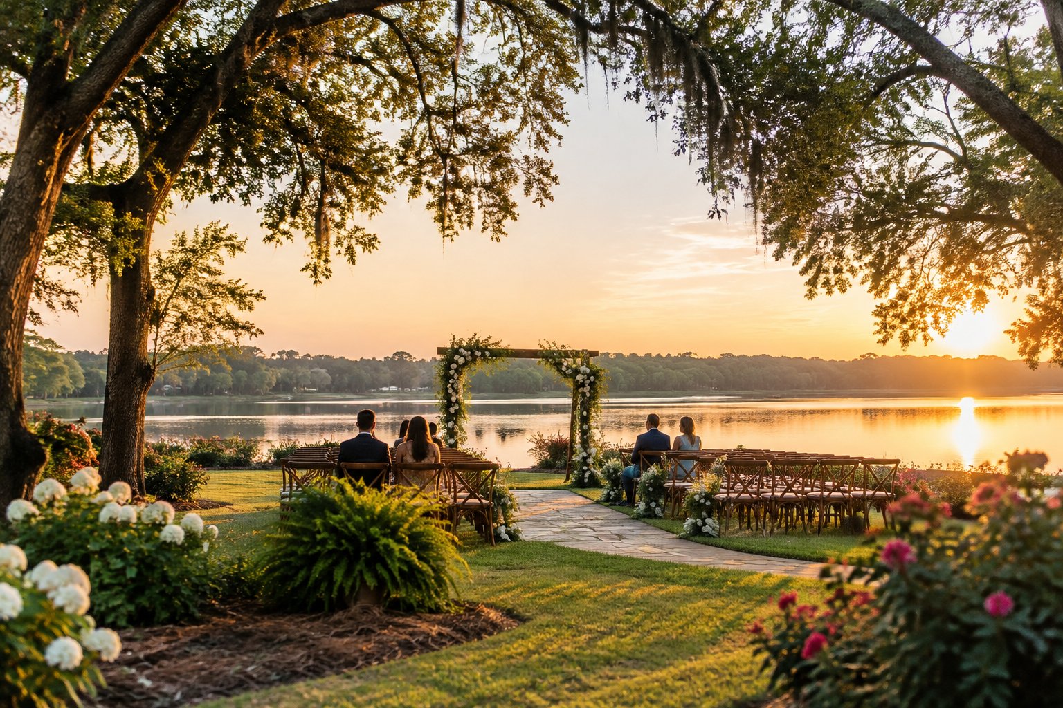 An outdoor wedding ceremony beside a calm lake and lush garden.