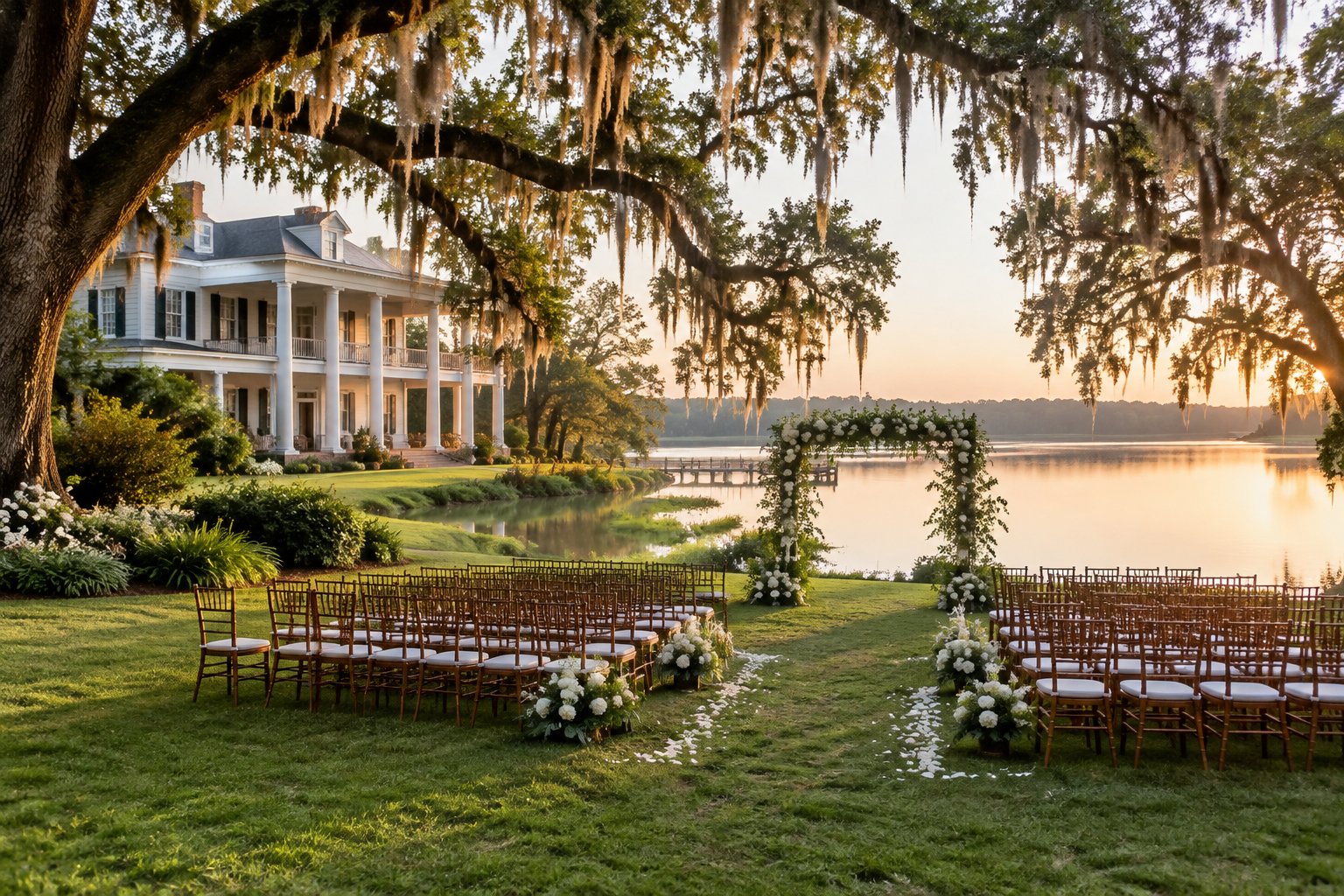 A historic estate and outdoor wedding ceremony beside a lake.