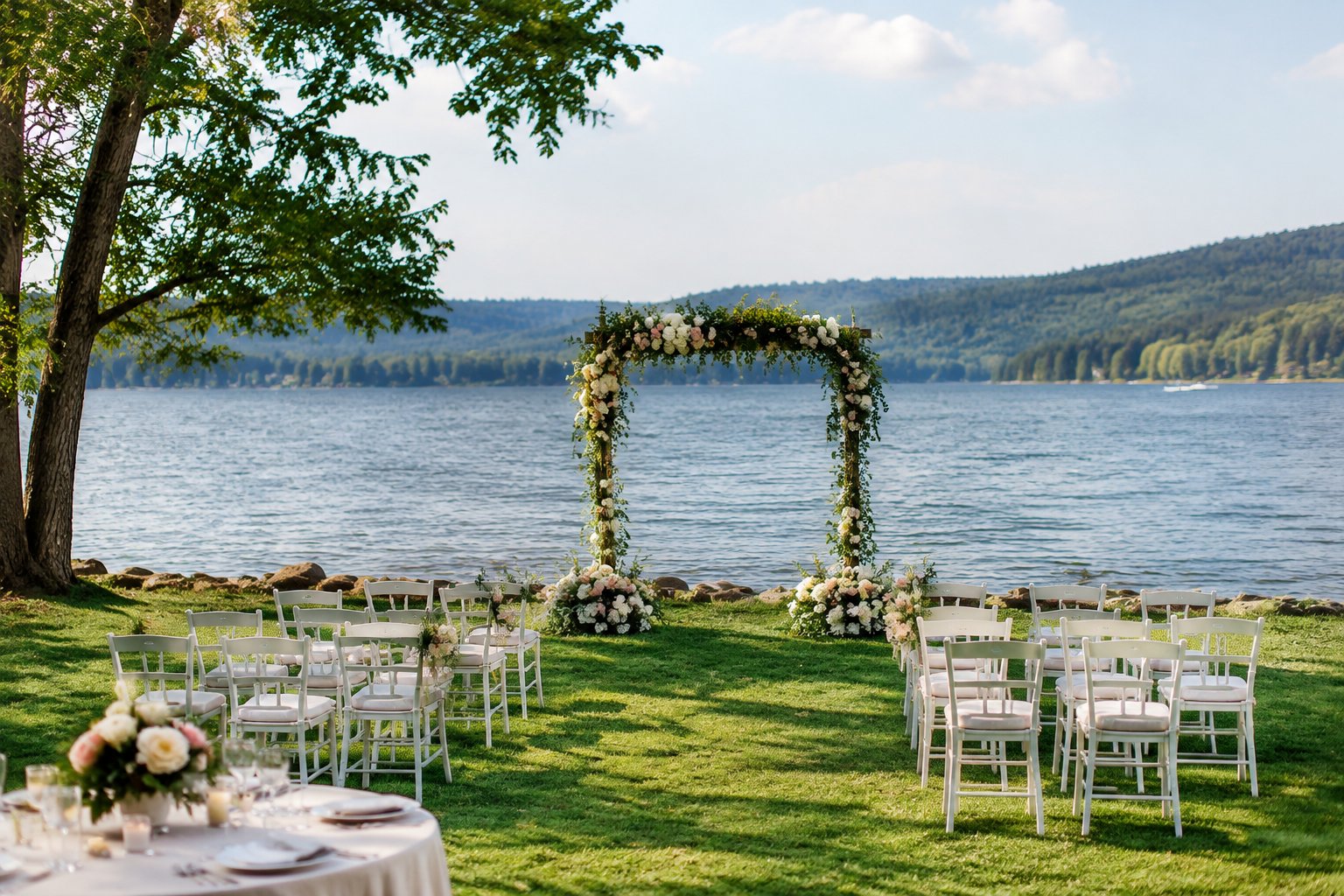 A wedding ceremony setup beside a calm lake.