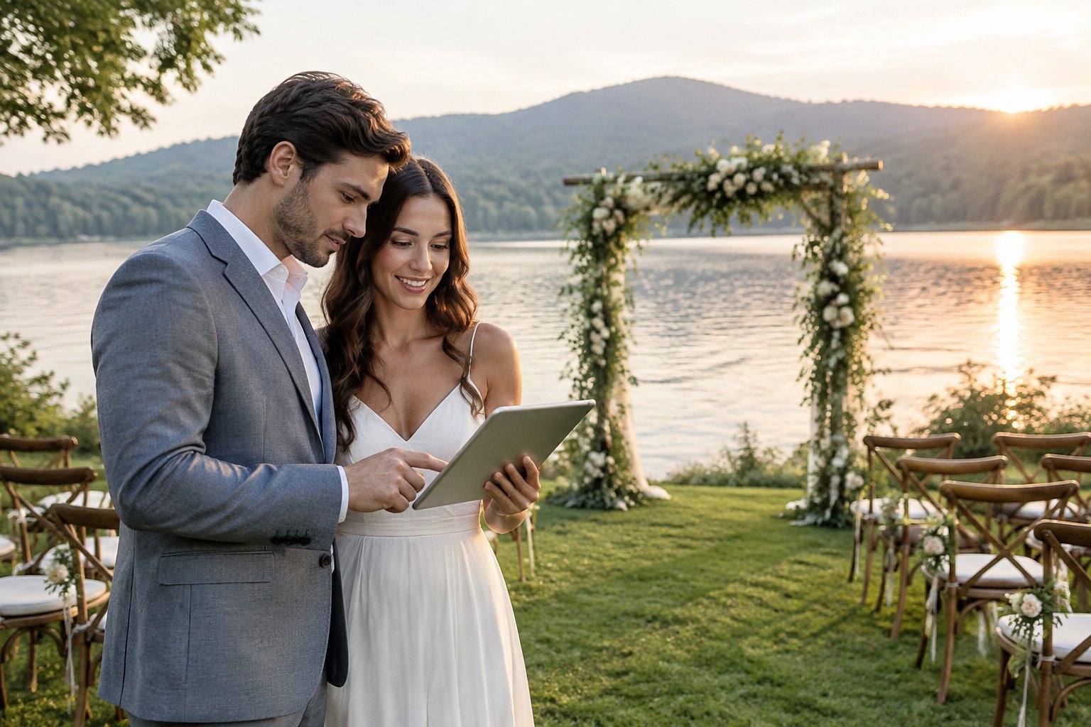 A couple reviews a checklist beside a lakeside wedding ceremony setup.
