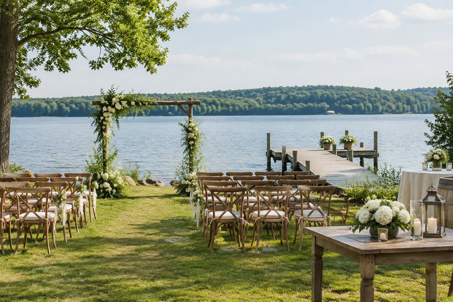 A wedding ceremony setup beside a lake.