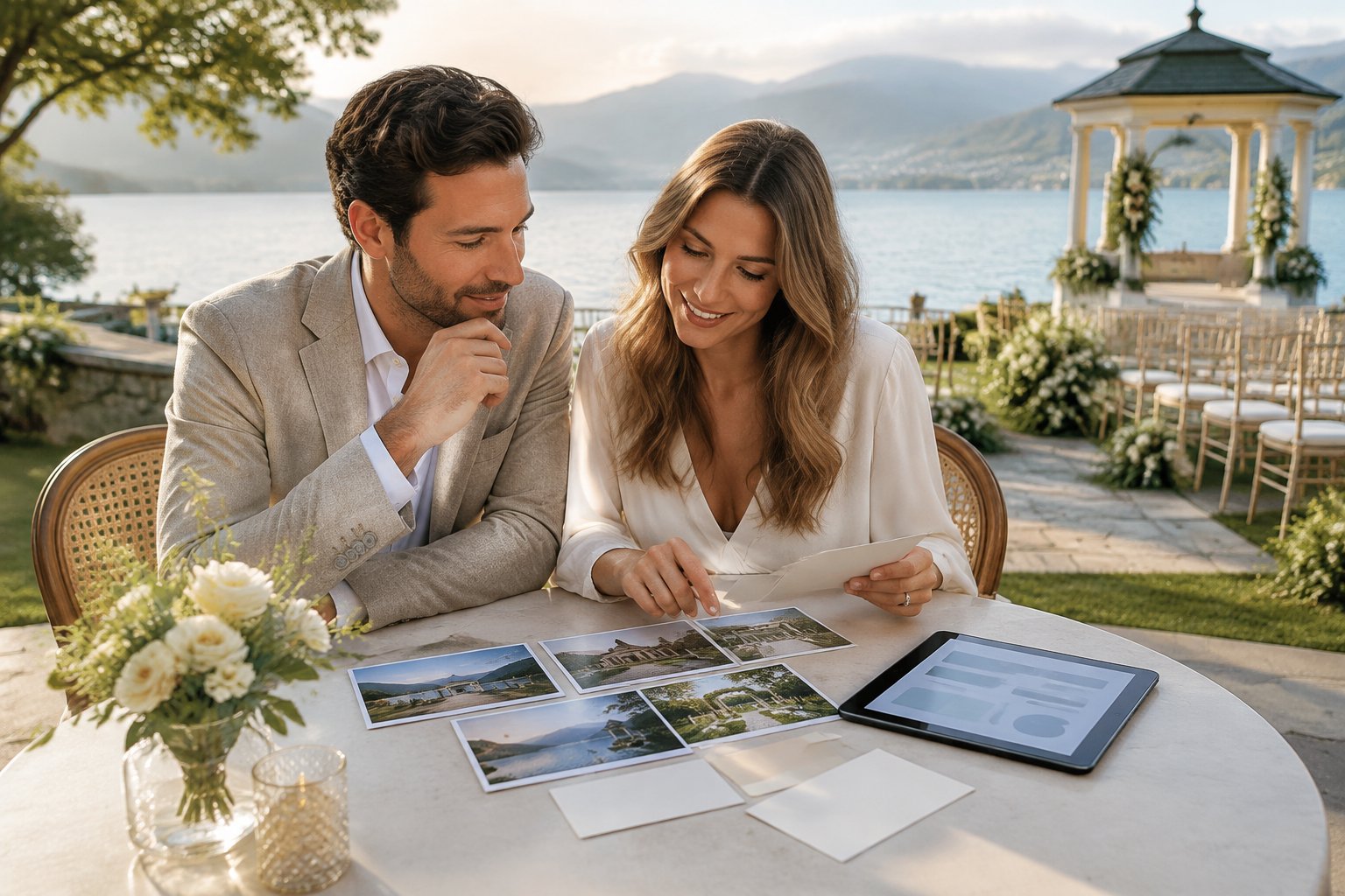 An engaged couple compares wedding venue options at a table beside a lake.