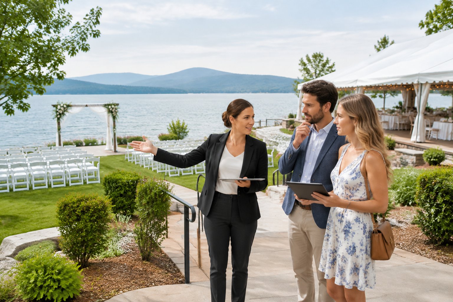 A couple and venue coordinator inspect a wedding ceremony and reception area beside a lake.