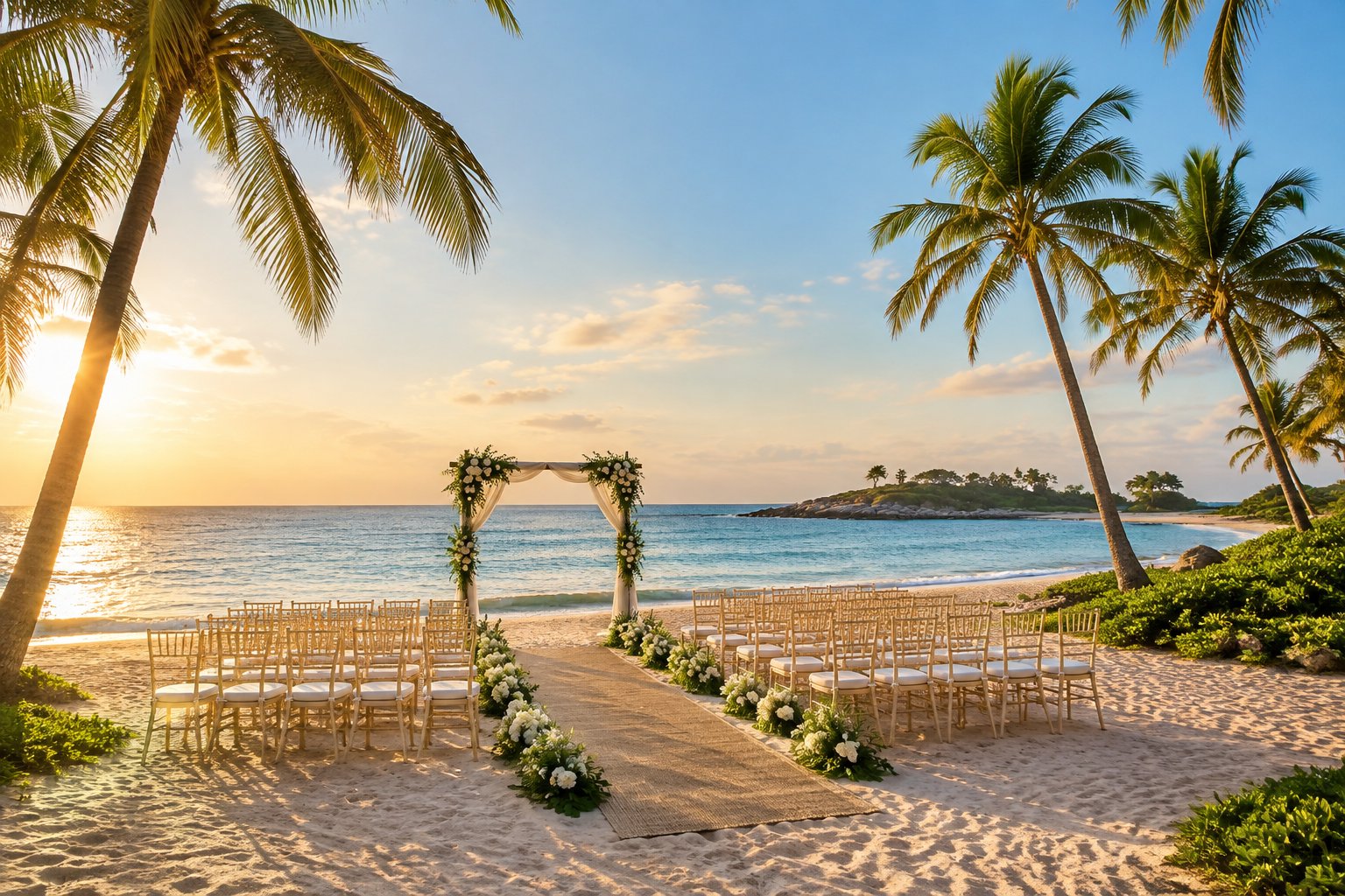 A beach wedding venue with chairs and a floral arch beside the ocean.