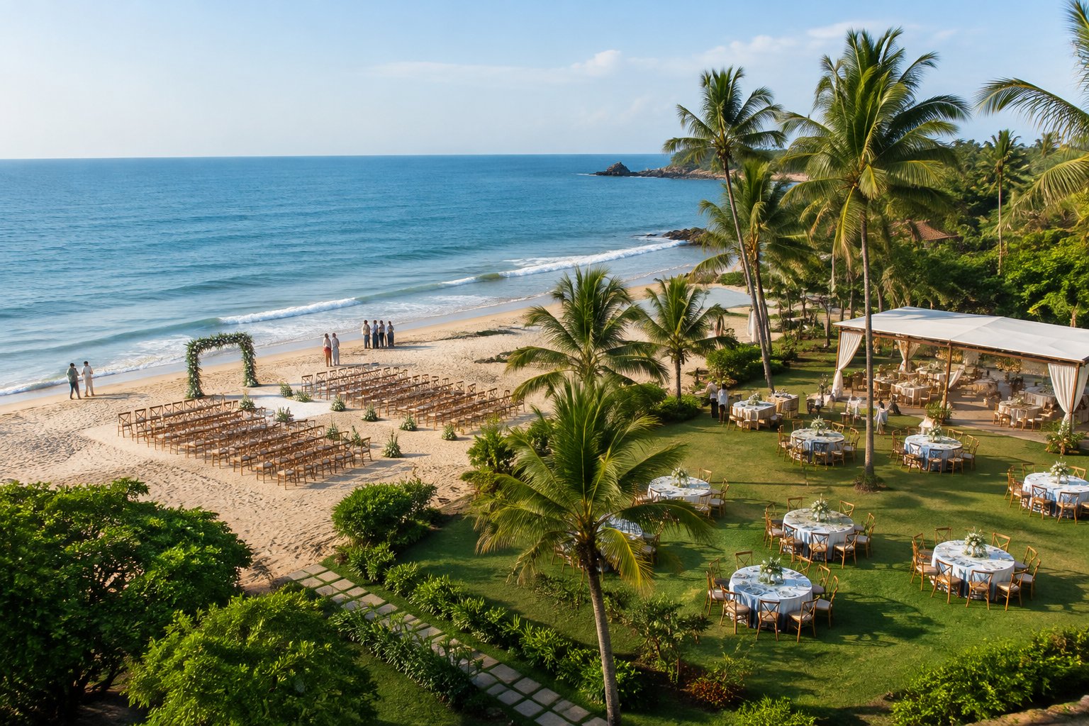 A spacious beach wedding venue with arranged guest chairs, reception tables, palm trees, and the sea.