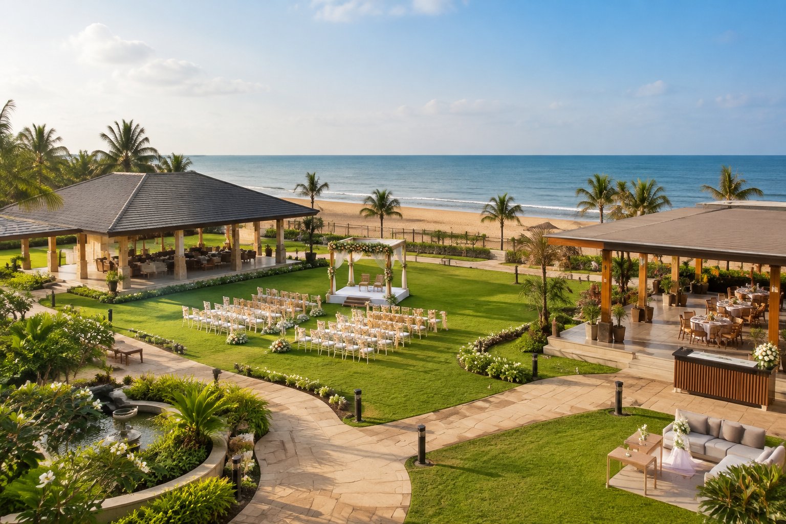 A beachfront wedding venue with a pavilion, garden, dining area, and sandy shore.