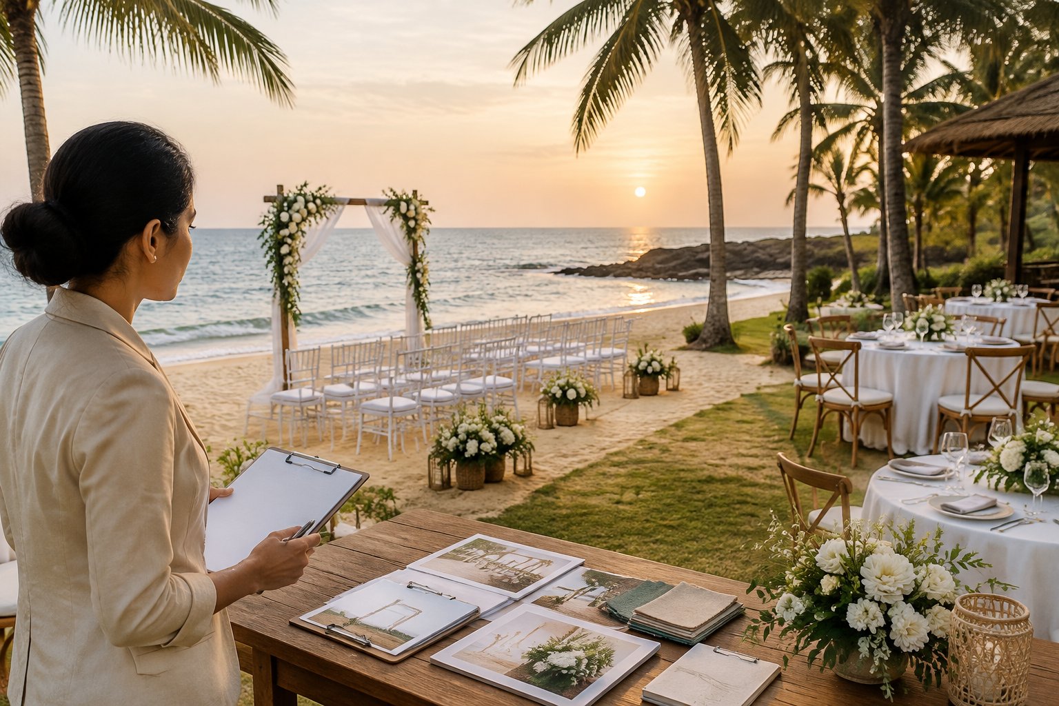A wedding planner reviews arrangements at a beach wedding venue with the ocean in the background.