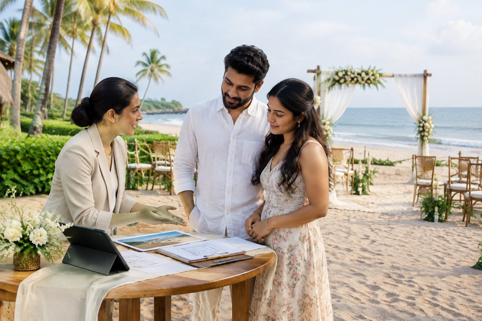 A couple reviews wedding plans with a venue coordinator beside a beach wedding setup.