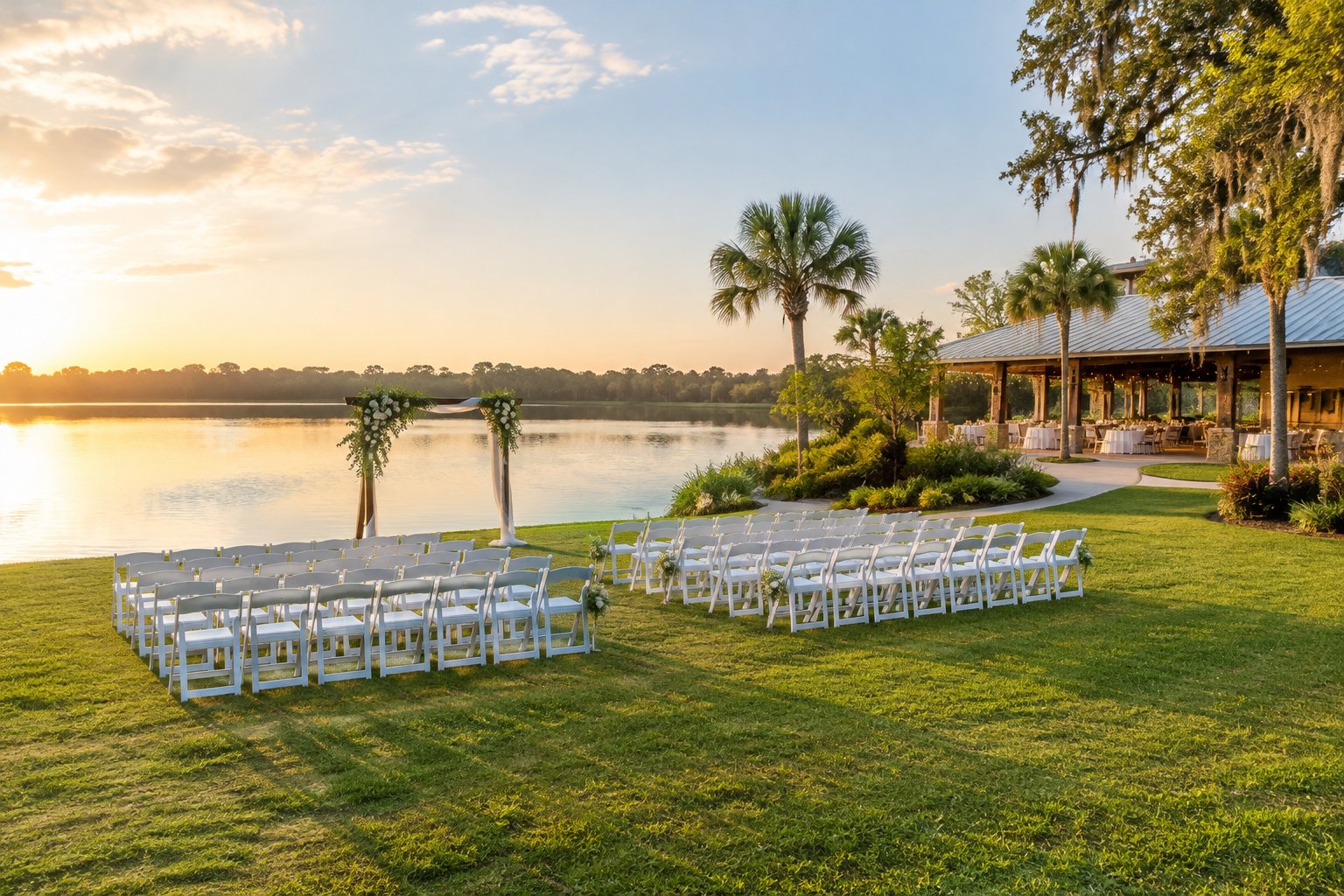 A wedding ceremony setup beside a calm lake, with rows of chairs and a floral arch.