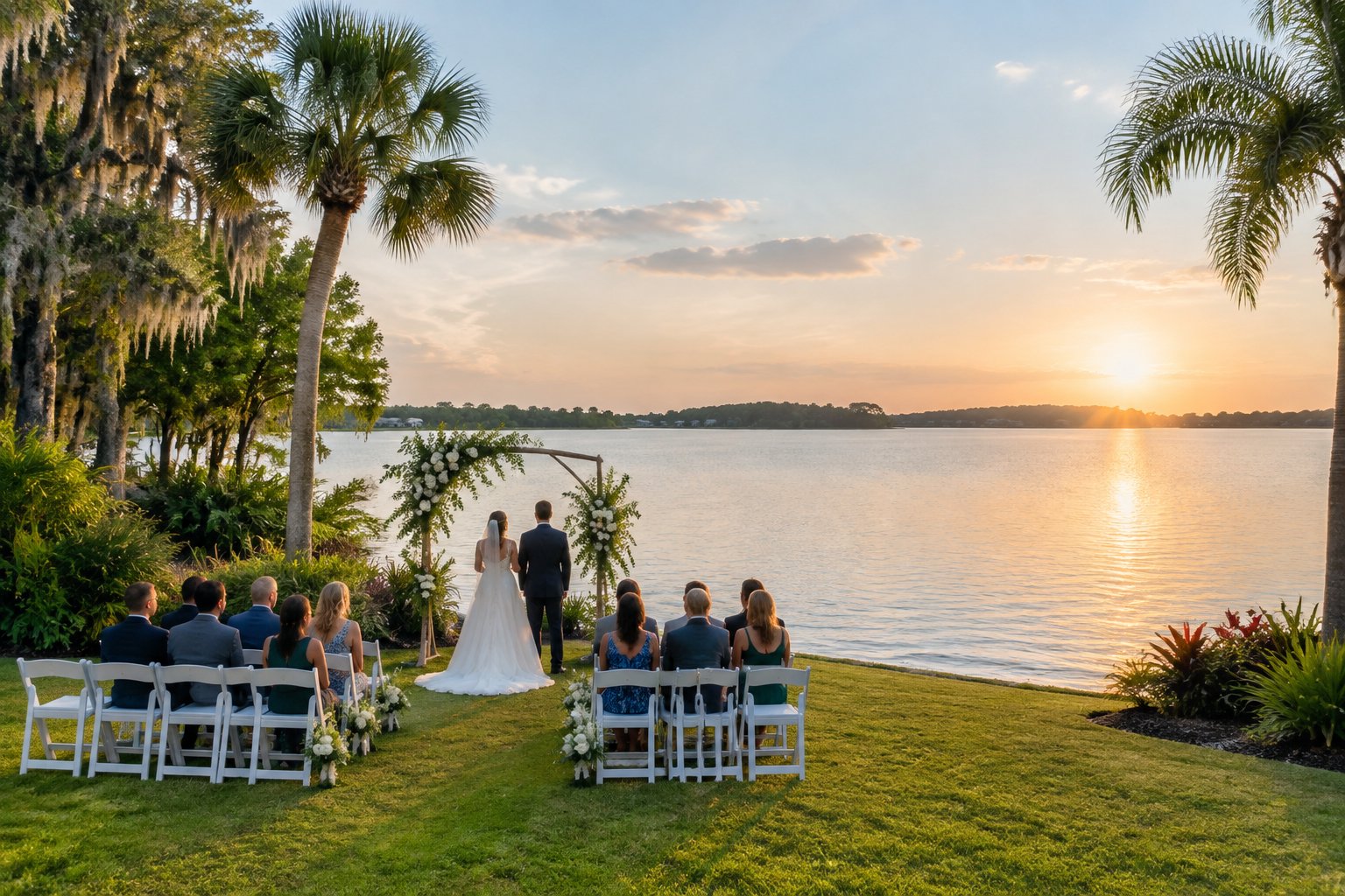 A wedding ceremony setup beside a calm lake surrounded by greenery.