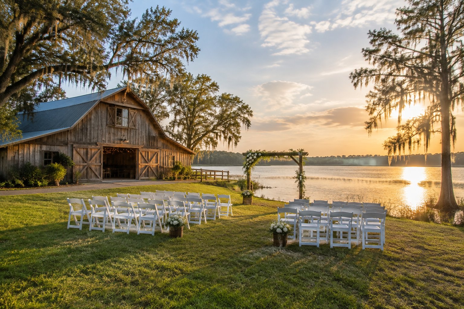 A rustic barn and outdoor wedding area beside a calm lake.