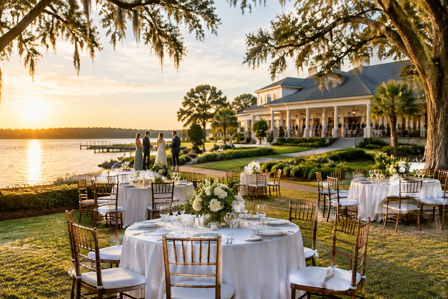 A wedding reception set on a manicured lawn beside a lake, with an elegant venue in the background.