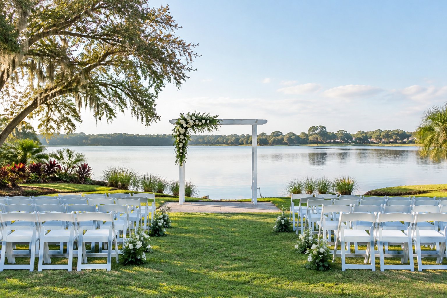 A wedding ceremony setup beside a calm lake.