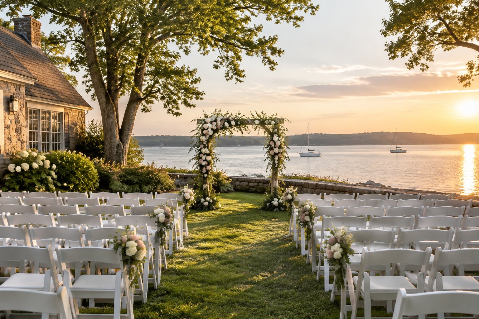A wedding ceremony setup beside a calm lake.