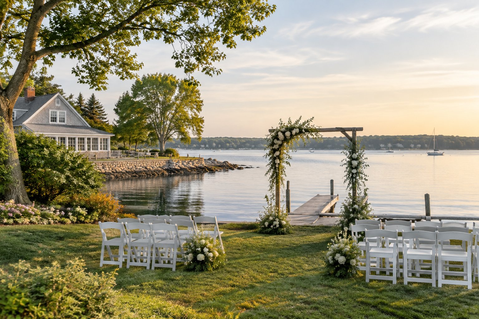 A lakeside wedding ceremony setup beside a calm lake.