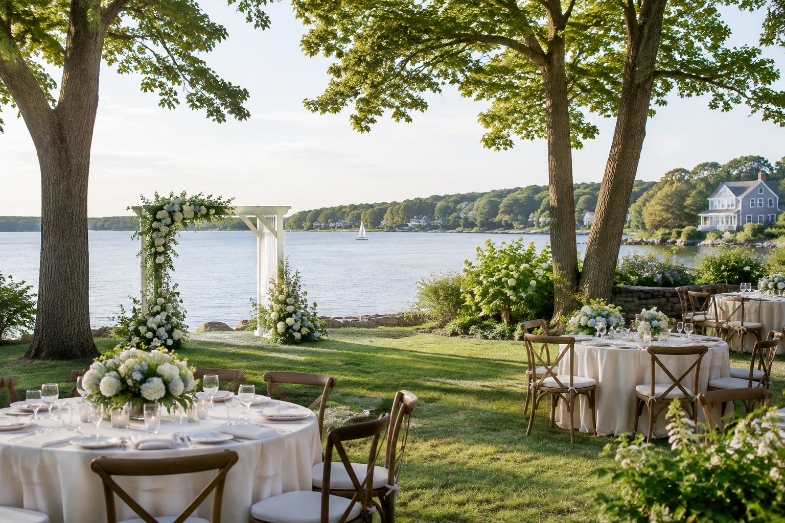 An outdoor wedding reception set beside a calm lake.