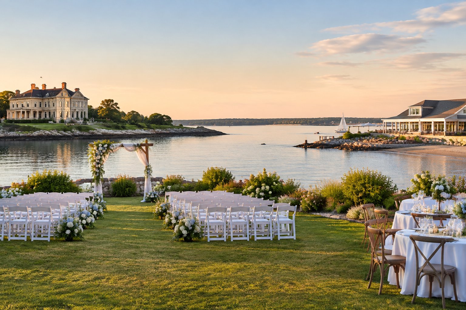 A wedding ceremony setup beside calm water, with a historic estate and a modern bayfront venue in the distance.