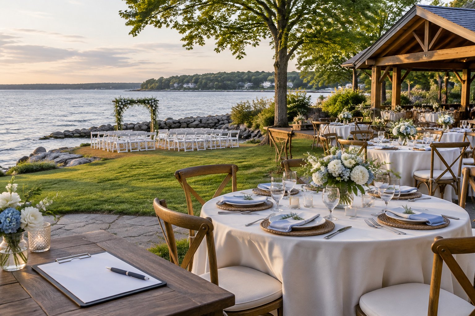 A wedding reception setup beside a calm lake.