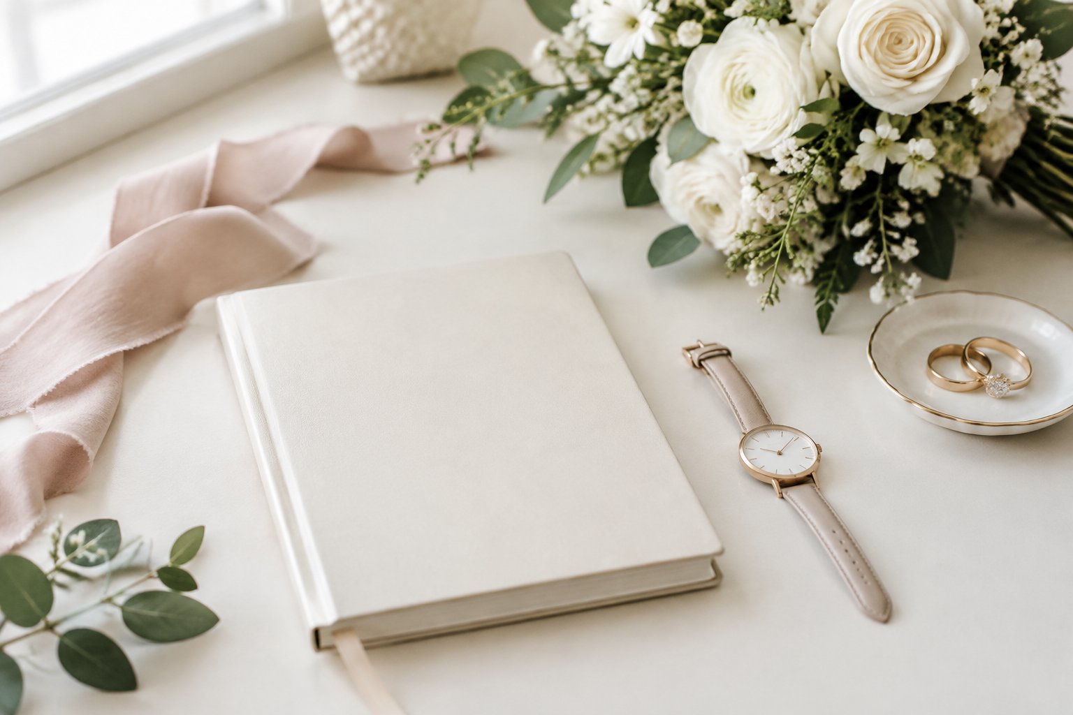 A wedding planner, watch, flowers, ribbon, and rings arranged on a desk.